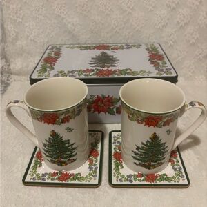 Spode Christmas Tree 5pc Set. Tin Box, 2 Mugs and 2 Coasters
